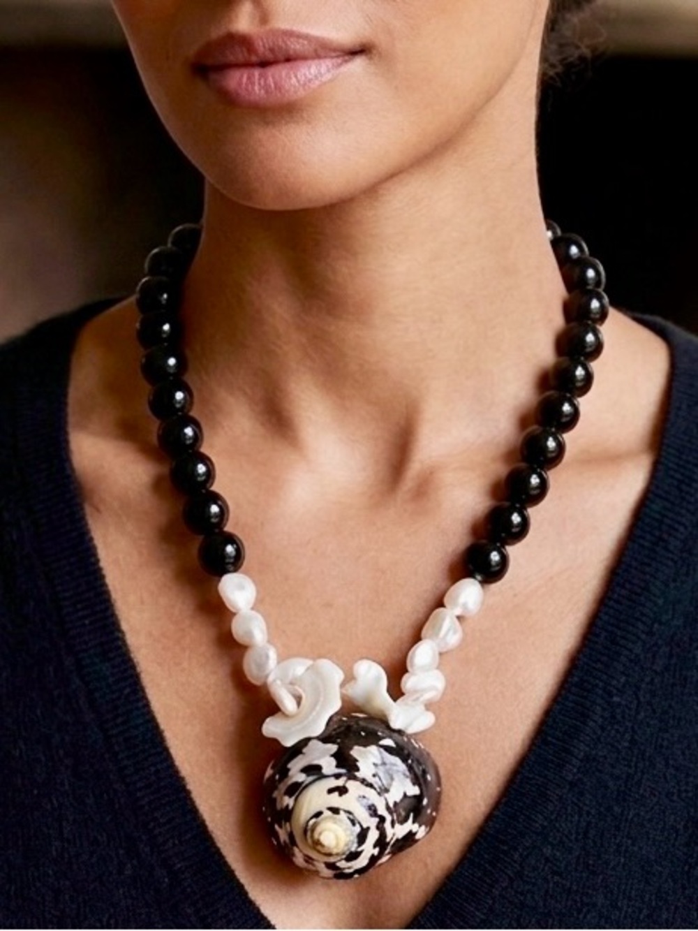 Mary Kent Designs Sterling Silver Black Bead Pearl & Large Magpie Shell Necklace